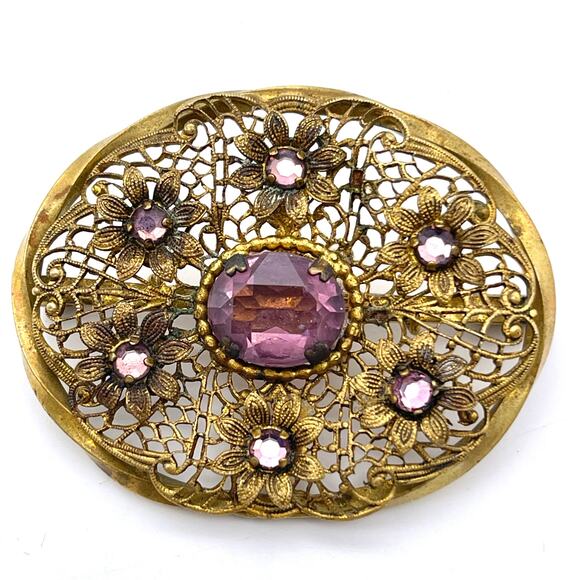 Antique Brass Filigree Brooch with Amethyst-Colored Stones | Trombone Clasp Pin - Picture 8 of 8